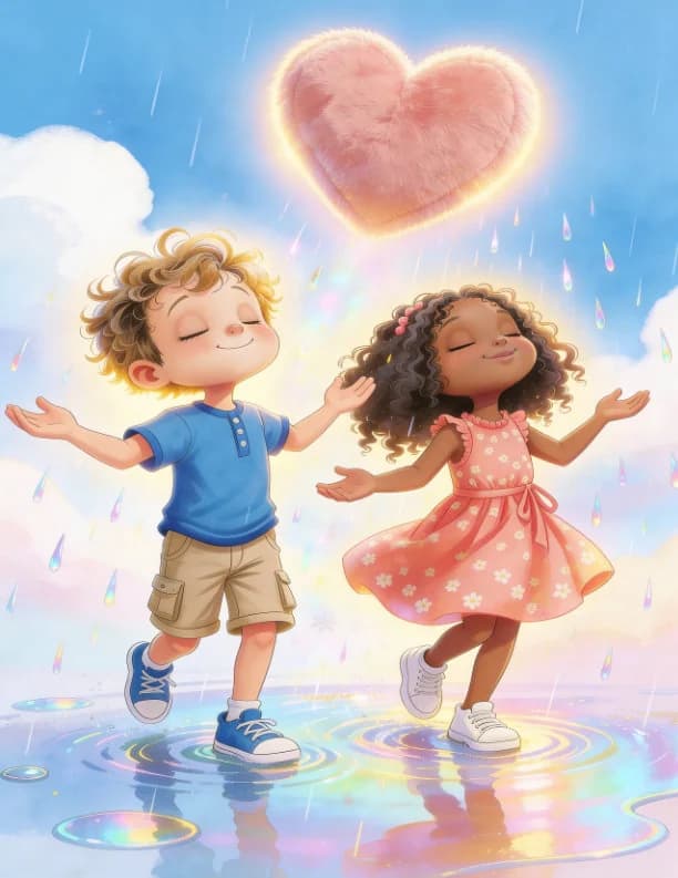 Two children joyfully receiving a shower of light beneath a glowing heart