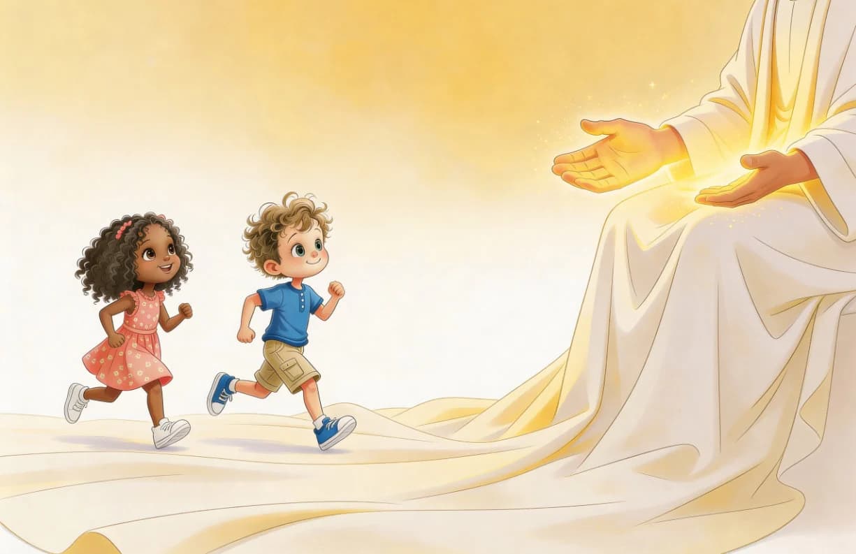 Two children running toward welcoming outstretched hands in a golden landscape